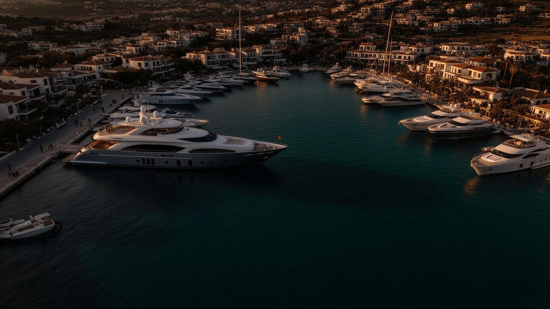 Alaçatı marina luxury yacht aerial view